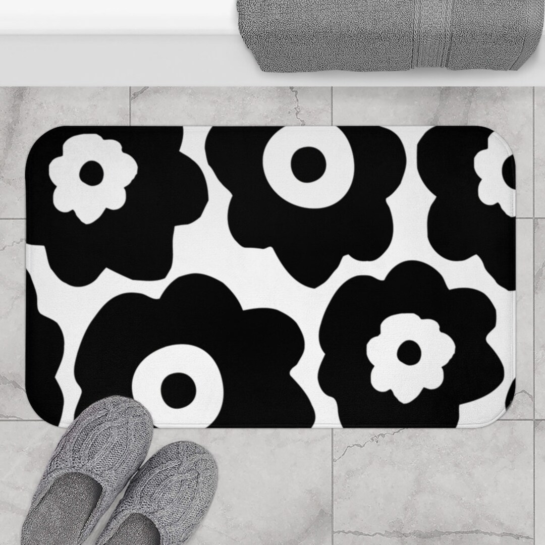 Boho Bath Mat, Retro Poppies Bohemian Bath Mat, Black and White Floral Poppy Retro Bath Rug