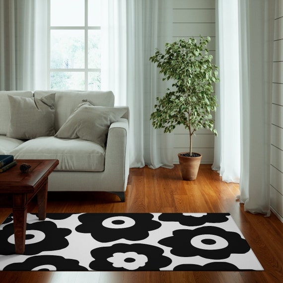 70s Flower Rug, Retro Poppies Funky Rug, Black White Abstract Area Rug, Botanical Boho Rug, Kitchen Rug, Bedroom Art Rug, Living Room Carpet