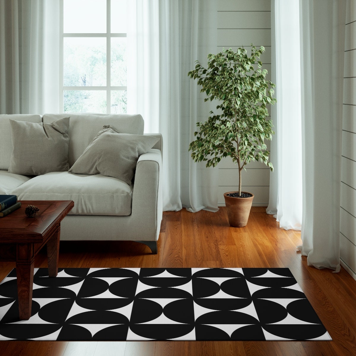 Retro Rug, Mid Century Modern Funky Rug, Black and White