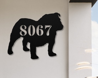 English Bulldog Custom House Number Sign, English Bulldog Gifts, Personalized Metal English Bulldog Sign, Front Porch Sign, Dog Door Sign