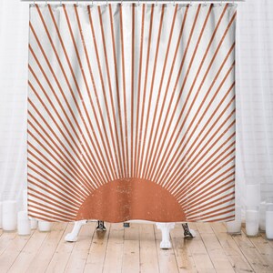 Boho Shower Curtain, Mid Century Modern Sun Bohemian Retro Shower Curtain, Mustard Yellow Vintage Style Distressed Sunburst, Grunge Sunrays image 6