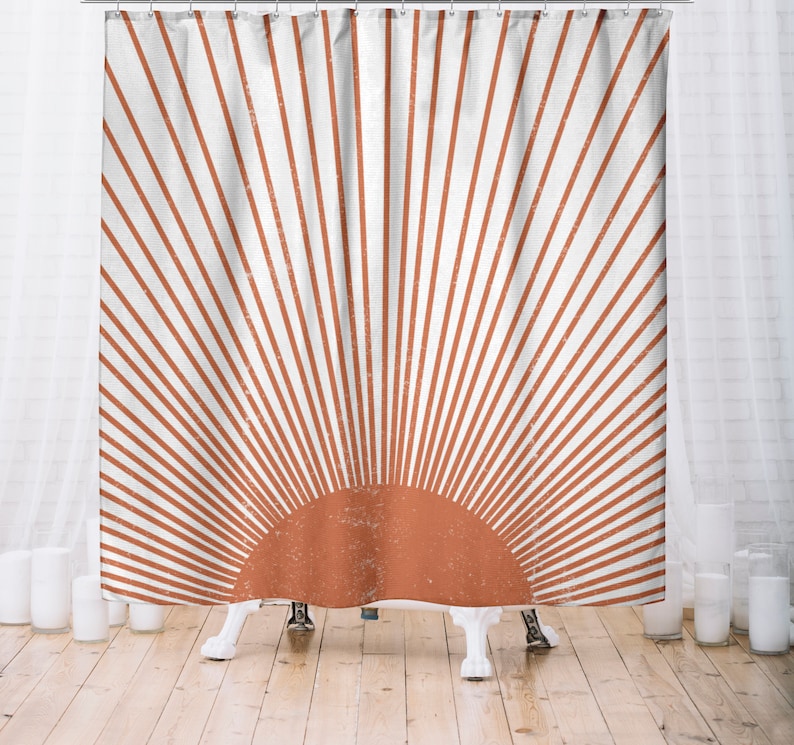 Boho Shower Curtain, Mid Century Modern Sun Bohemian Retro Shower Curtain, Mustard Yellow Vintage Style Distressed Sunburst, Grunge Sunrays image 6