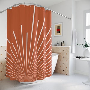 Boho Shower Curtain, Mid Century Modern Sunburst Shower Curtain, Retro Mcm Decor, Terracotta Orange Funky Bathroom, Vintage Style Sun Decor