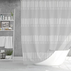 Mudcloth Print Boho Shower Curtain, Minimalist Gray and White Modern Bohemian Shower Curtain, Abstract Tribal