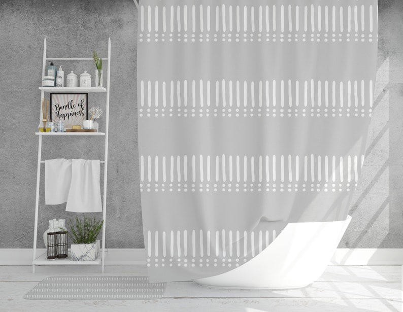 Mudcloth Print Boho Shower Curtain Minimalist Gray and White Etsy