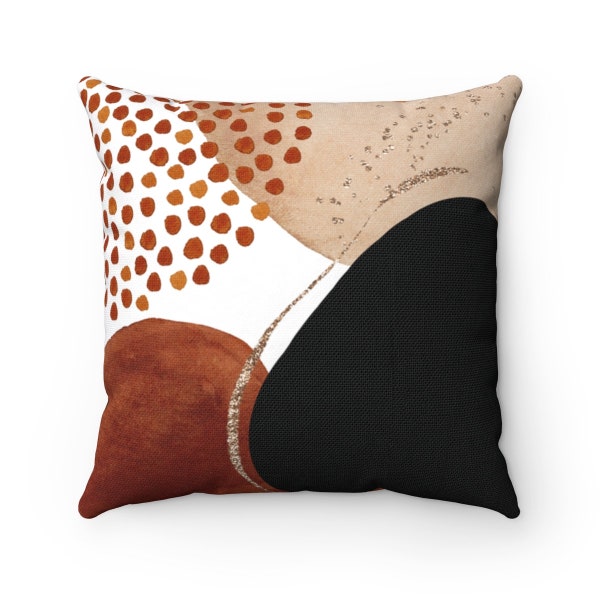 Abstract Art Pillow Cover, Boho Throw Pillow Cover w/ Watercolor Shapes in Rust Terracotta Black Beige, Bohemian Chic Decorative Pillow Case