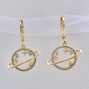 18K Gold Filled Crystal Planet Huggie Earrings, Saturn Earrings, Planet Earrings, Space Earrings, Trendy Earrings, Dainty, Gift For Her