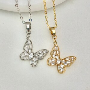 18K White or Yellow Gold-Plated Baguette Cubic Zirconia Butterfly Charm Necklace, Butterfly Necklace, Charm Necklace, Crystals Necklace