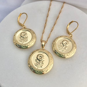 14K Gold Filled Round Flower Locket Earrings or Necklace, Locket Earrings or Necklace, Flower Locket, Gold Necklace, Keepsake Locket, Gift