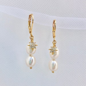 Freshwater Pearl Drop Earrings with 18K Gold Plated Star Charms, Freshwater Pearl Huggies, Pearl Earrings, Wire Wrapped, Wedding, Gift