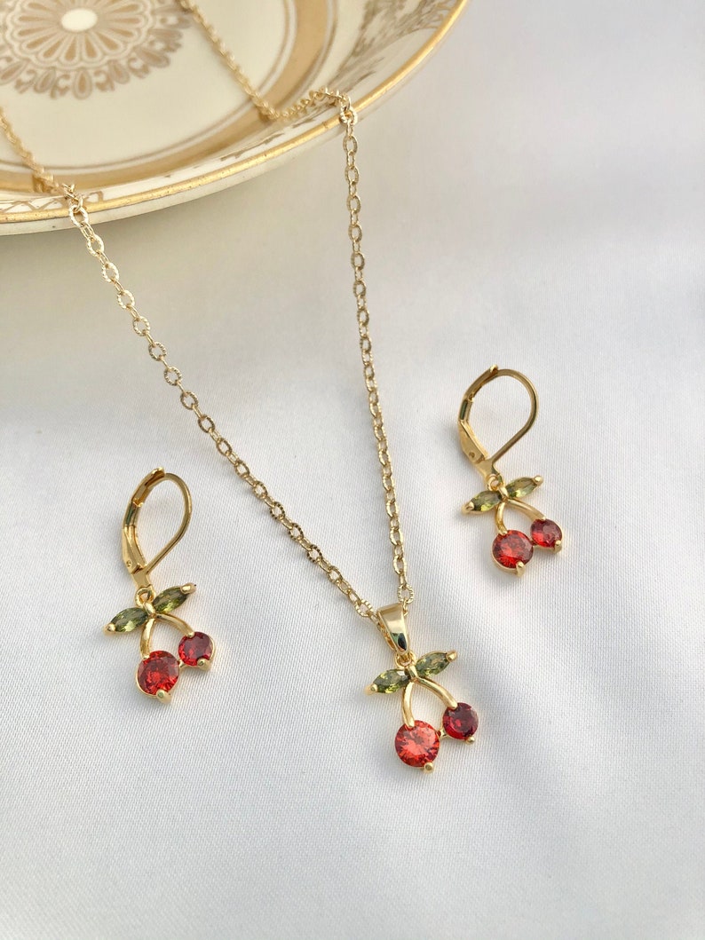 18K Gold Plated Cubic Zirconia Crystals Cherry Huggie Earrings or Necklace Gift Fruit Earrings Cherry Earrings Dainty Cherry Necklace