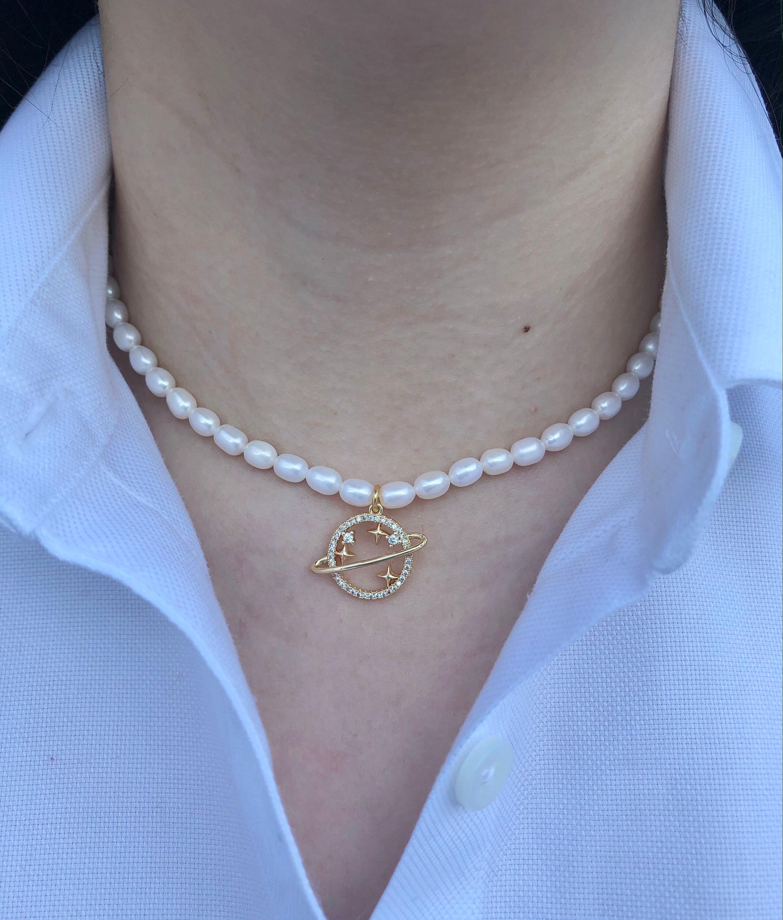 Freshwater Pearl Necklace with 18K Gold Filled Planet Charm | Etsy