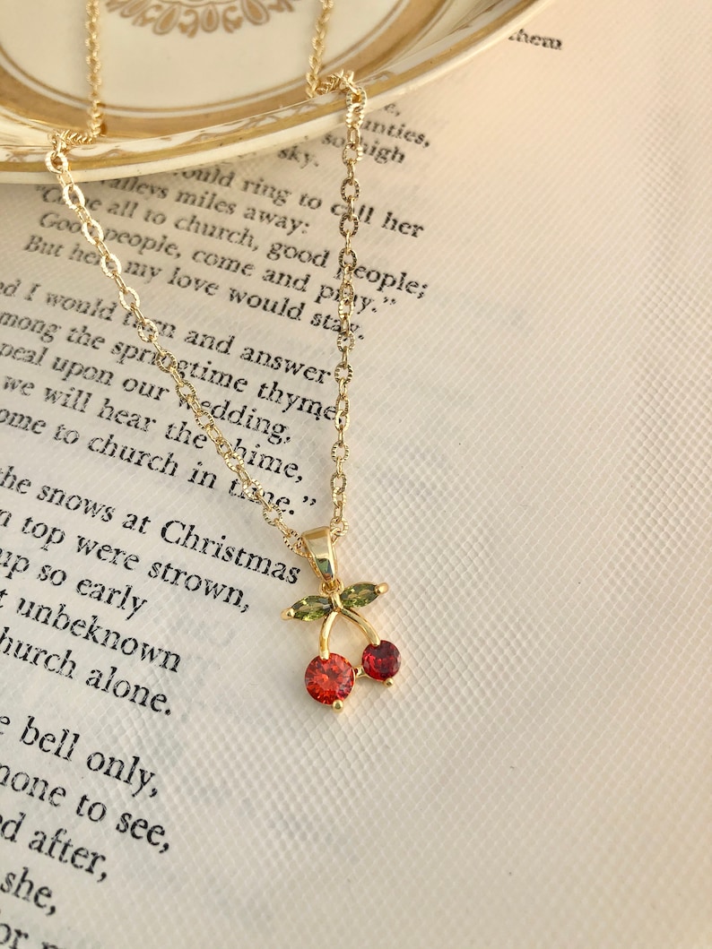 18K Gold Plated Cubic Zirconia Crystals Cherry Huggie Earrings or Necklace Gift Fruit Earrings Cherry Earrings Dainty Cherry Necklace