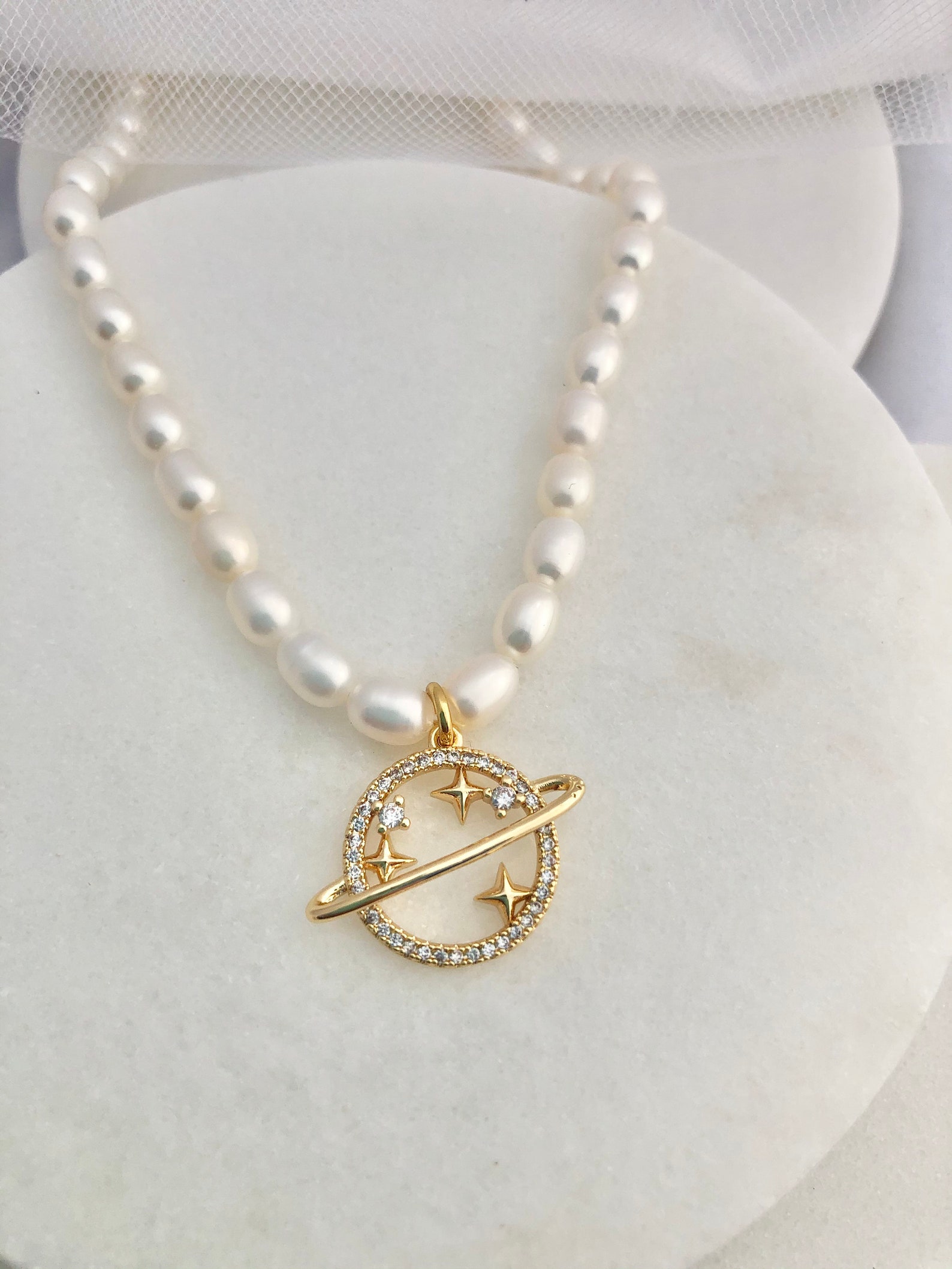 Freshwater Pearl Necklace with 18K Gold Filled Planet Charm | Etsy