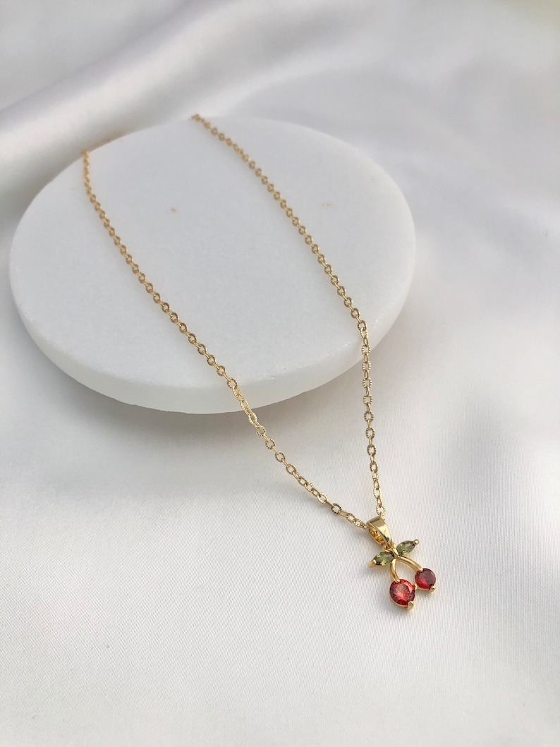 18K Gold Plated Cubic Zirconia Crystals Cherry Huggie Earrings or Necklace Gift Fruit Earrings Cherry Earrings Dainty Cherry Necklace