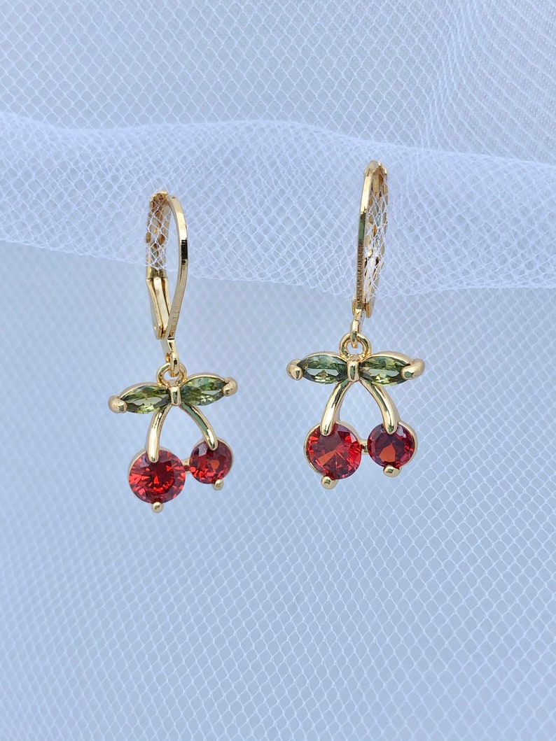 18K Gold Plated Cubic Zirconia Crystals Cherry Huggie Earrings or Necklace Gift Fruit Earrings Cherry Earrings Dainty Cherry Necklace