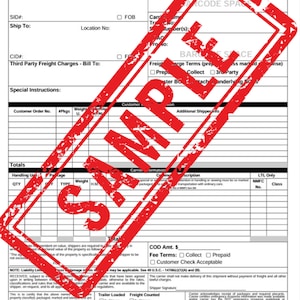 May include: A blank Bill of Lading form with a red "SAMPLE" stamp over the majority of the form. The form includes fields for shipping information, including ship from, ship to, date, bill of lading, carrier, and special instructions.