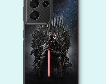 May include: Darth Vader sits on the Iron Throne, holding a red lightsaber. The background is a dark, starry sky.