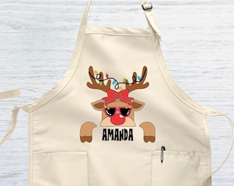 Delantales de reno personalizados, delantales navideños personalizados, delantales familiares navideños, delantales con nombre navideño, delantal para hornear navideño, delantales para fiestas navideñas