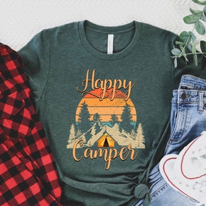 Happy Camper Camping Hiking Travel Shirt, Camp Life T-Shirt, Caravan Life Nature Lover Tshirt, Fishing Hunting Cooking Outdoors Fire Gifts