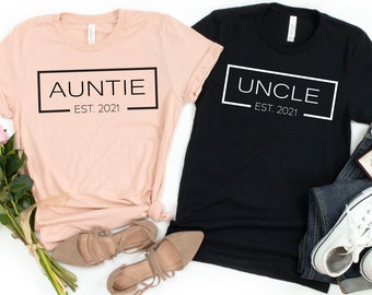 Auntie Uncle Est 2021 Shirt, New Mom Shirt, Personalized Family Tree, New Uncle T-Shirt, Aunt Reveal, Uncle Reveal Shirt, Family Established