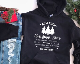 Hoodie boerderij verse kerstbomen, kersttrui pijnbomen, kersttrui, kersttrui, kersttrui, leuke kersttrui