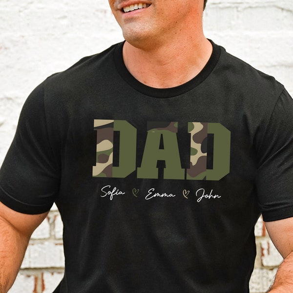 Custom Dad Shirt With Kids Names, Camo Print Personalized Father Shirt, Gift For Daddy, Father's Day Shirt, Custom Kid's Names Papa Shirt