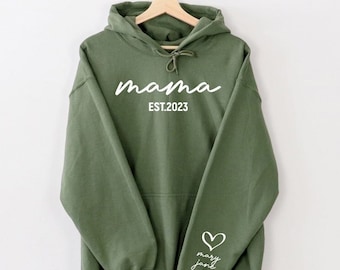 Personalisierter Muttertags-Hoodie, Benutzerdefiniertes Mama-Sweatshirt mit den Namen der Kinder, Shirt mit den Namen der Kinder im Ärmel, personalisiertes Muttertagsgeschenk Mama