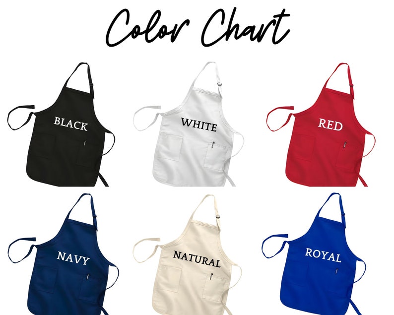 Puede incluir: Carta de colores que muestra seis colores de delantal diferentes: negro, blanco, rojo, azul marino, natural y azul real. Cada delantal tiene un bolsillo y correas ajustables.