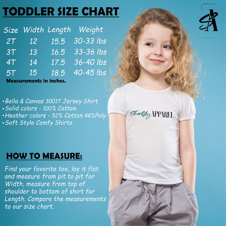 K&ouml;nnte beinhalten: Eine Gr&ouml;&szlig;entabelle f&uuml;r T-Shirts f&uuml;r Kleinkinder, die die Ma&szlig;e in Zoll f&uuml;r Breite, L&auml;nge und Gewicht angibt. Die Tabelle listet die Gr&ouml;&szlig;en 2T, 3T, 4T und 5T auf. Die Tabelle enth&auml;lt auch Informationen &uuml;ber das Material des Shirts: Bella & Canvas 3001T Jersey Shirt, 100 % Baumwolle f&uuml;r unifarbene Farben und 52 % Baumwolle und 48 % Polyester f&uuml;r melierte Farben. Die Tabelle enth&auml;lt auch Anweisungen, wie man ein Shirt f&uuml;r eine gute Passform misst.