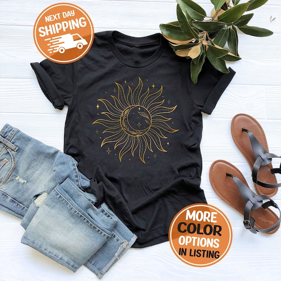 Mystic Sun And Moon Shirt, Celestial Moon Shirt, Boho Sun Shirt, Aesthetic Yoga Shirt, Cute Meditation Shirt, Graphic Moon And Sun Shirt