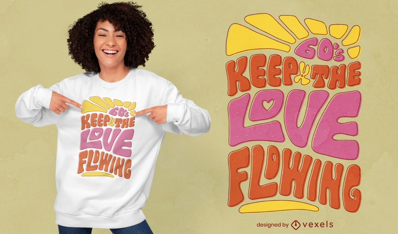 K&ouml;nnte beinhalten: Ein wei&szlig;es Sweatshirt mit einem Retro-Grafikdesign mit dem Text "60's Keep the Love Flowing" in einer farbenfrohen, psychedelischen Schrift.