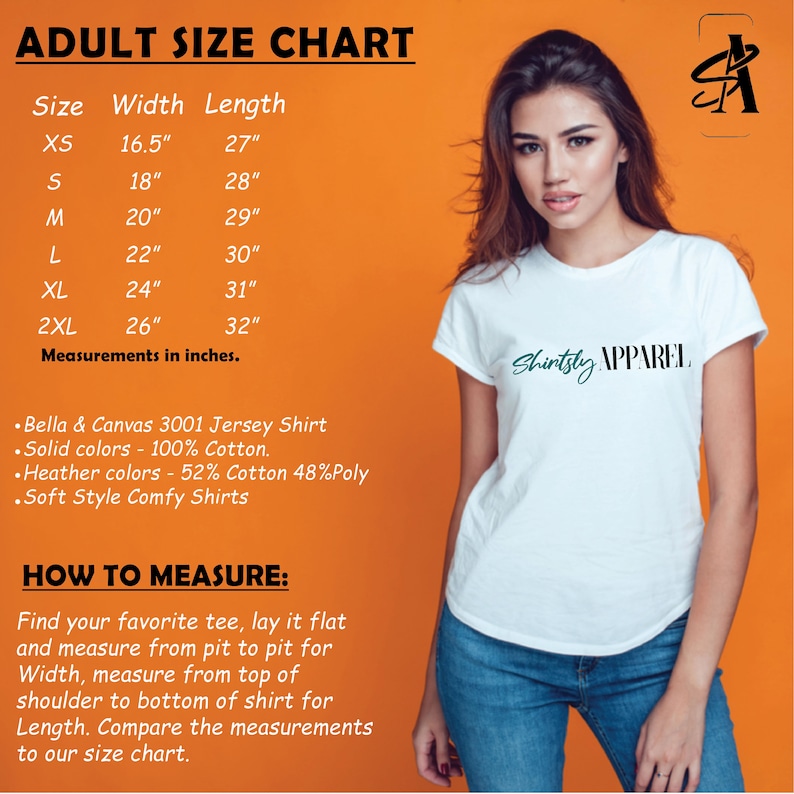 May include: Adult size chart for a white t-shirt with the text "Shirtsty APPAREL" printed on the front. The chart shows sizes XS to 2XL with corresponding width and length measurements in inches. The chart also includes information about the fabric composition of the t-shirt.