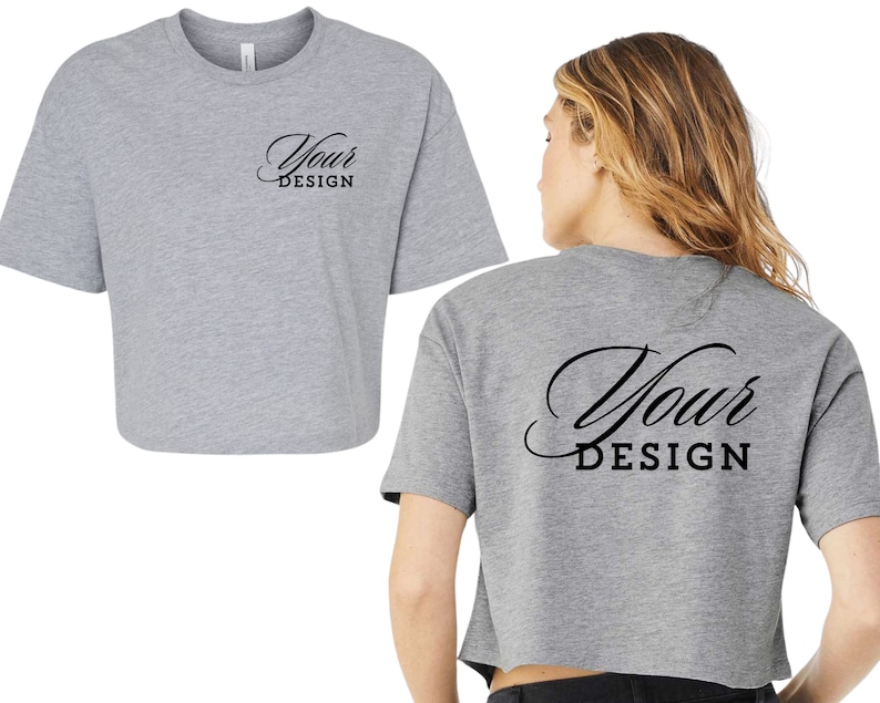Op de afbeelding: Een grijs getailleerd T-shirt met korte mouwen. Het shirt heeft de tekst "Your Design" in zwart op de voor- en achterkant.