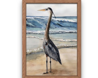 Great blue heron watercolor giclée print 16x20, Gulf Shores birdlife print, Coastal artwork for beach homes, Alabama and Florida bird art