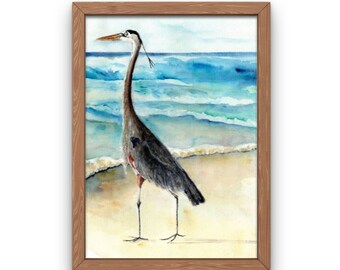 Blue Heron watercolor archival giclée print 16x20, Coastal bird painting, Gulf Shores heron wall art,  Beach home décor