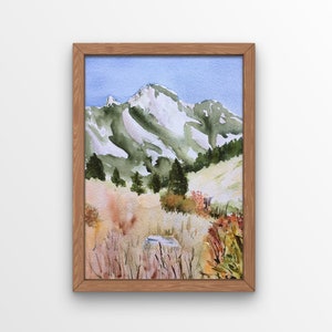 Boulder Flatirons fine art print, Colorado fall watercolor painting, wall art gift for hikers and rock climbers