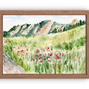 Boulder Flatirons in spring watercolor giclée print, Colorado landscape painting, Chautauqua Park art, hikers gift