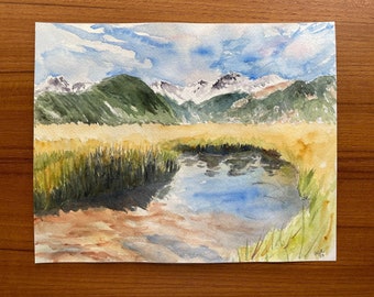 Moraine Park in Rocky Mountain National Park original watercolor painting, Art for hikers and outdoor enthusiasts, Cabin décor