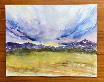 Colorado Front Range mountains original watercolor painting, Rocky Mountains wall décor, Dramatic clouds painting,