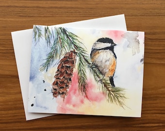Black-Capped Chickadee Note Card Set of 4 or 8: blank watercolor greeting card