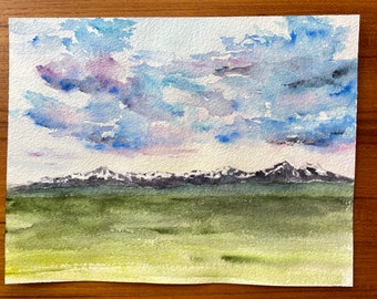 Colorado mountain sunset original watercolor, Colorado sky and clouds painting, Rocky Mountain wall art