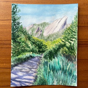 Boulder Flatirons in summer original watercolor painting, Chautauqua trail art, Colorado landscape, Gift for hiker or outdoor enthusiast