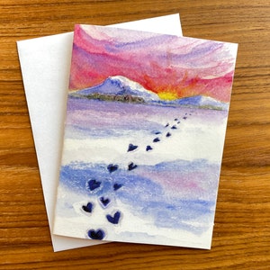 Mountain love card, Valentine for hiker, adventurer, anniversary, wedding, engagement card for him/her, watercolor sunset unique note card