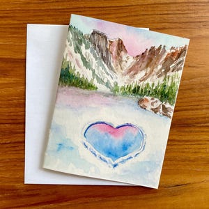 Romantic mountain love card, Valentine for hiker, anniversary, wedding, engagement card for him/her, Dream Lake Colorado watercolor card
