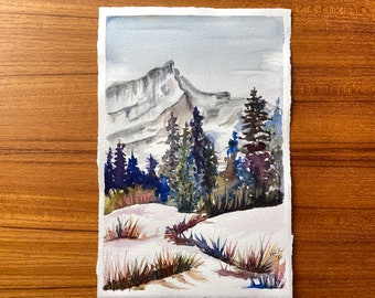 Winter snowy mountains original watercolor painting, Mountain landscape wall art, Gift for hikers and outdoor enthusiasts