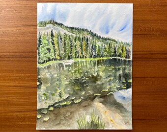 Nymph Lake original watercolor painting, Rocky Mountain National Park Colorado landscape wall art, Gift for hikers and outdoor enthusiasts