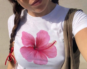 Tropical Flower Baby Tee, Hibiscus Shirt, Cute Shirt, Y2K, Gift for Her, Girly Shirt, Soft Girl Era, Hawaiian Flower Shirt, Girly Gifts
