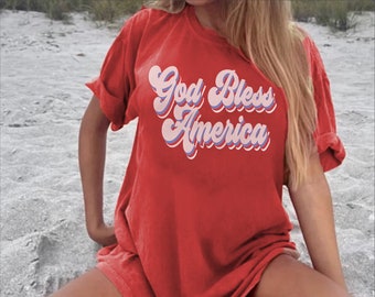 Retro God Bless America Graphic Tee, USA Shirt, Distressed America Tee, 4th of July Graphic Tee, Comfort Colors,Cute America Shirt,Oversized