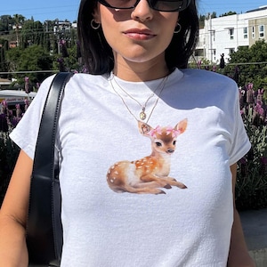 Deer Baby Tee, Cute Fawn Shirt, Pink Bows Baby Tee, girly Tee, y2k tee, 2000s aesthetic tee, 90s baby tee, Cute Deer Shirt, Soft Girl Era